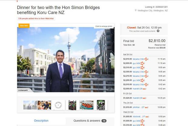 Simon Bridges auctioned off a charity dinner for Koru Care, which was won by Steve Brooks. Image / Trade Me screenshot