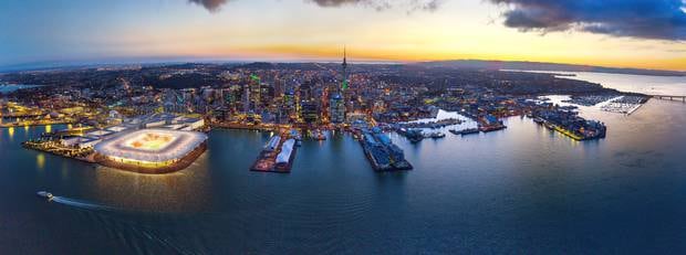 An artist's impression of a proposed Auckland waterfront stadium on Bledisloe Wharf. Photo / Supplied