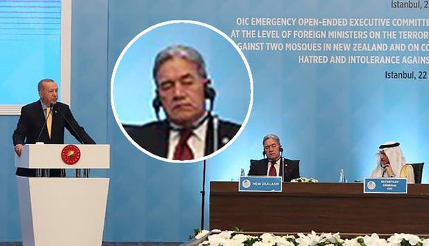 President Recep Erdogan delivers a speech at the Islamic Summit in Istanbul 22 March 2019, as Winston Peters appears to sleep. Photo / Supplied