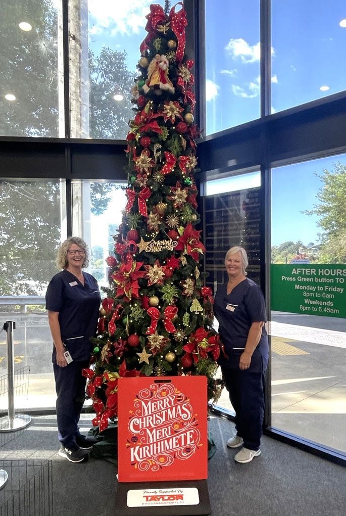 Nurses Chris Southerland and Raewyn Potaka stand by the newly donated Christmas tree at Tauranga Hospital. Photo / Supplied