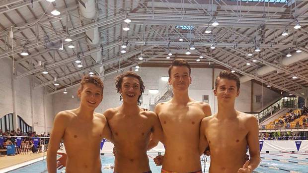 Swim Rotorua's Theo Harvey (left), Rocco Marsh, David Boles and James Baldwin at the New Zealand Secondary School Swimming Championships. Photo / Supplied