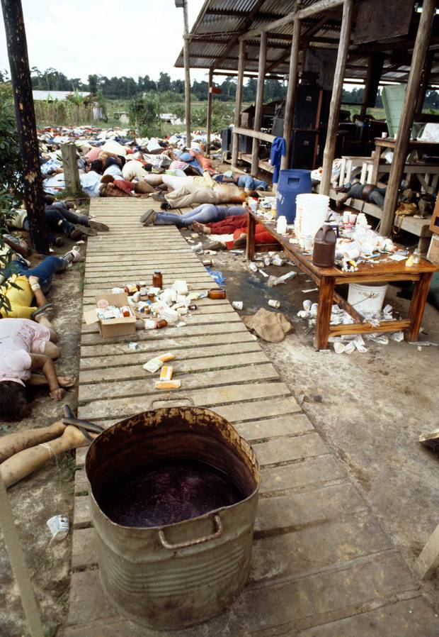 Bodies lie behind a tub of cyanide-laced punch November 18, 1978 in Jonestown, Guyana. Photo / Getty Images