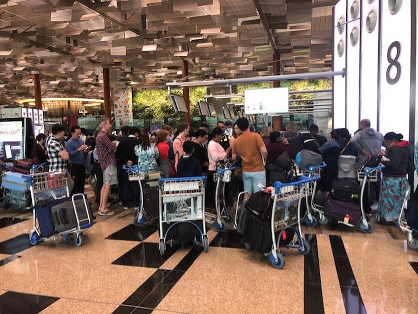 奥克兰洪水破坏后，NZ283 航班的乘客在新加坡机场排队。 照片/提供，Jill Lee