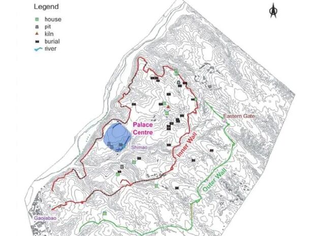 The ancient city of Shimao, showing the central 'pyramid' (blue), the inner defensive wall (red) and the outer wall of the city (green). Picture: Zhouyong Sun and Jing Shao. Photo / supplied 