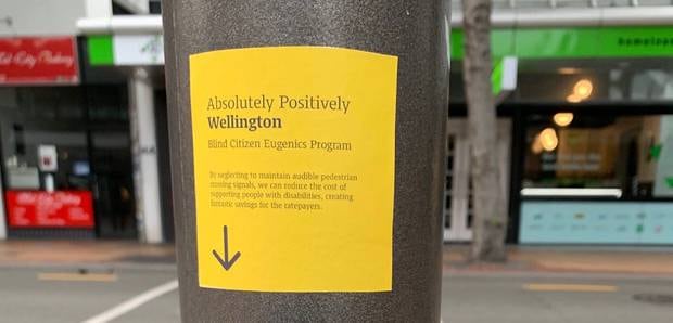 Stickers have been plastered on all broken signals across the city. Photo / Harry Berger. 