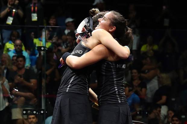 Amanda Landers-Murphy and Joelle King celebrate a Commonwealth Games gold medal. Photo / Getty Images