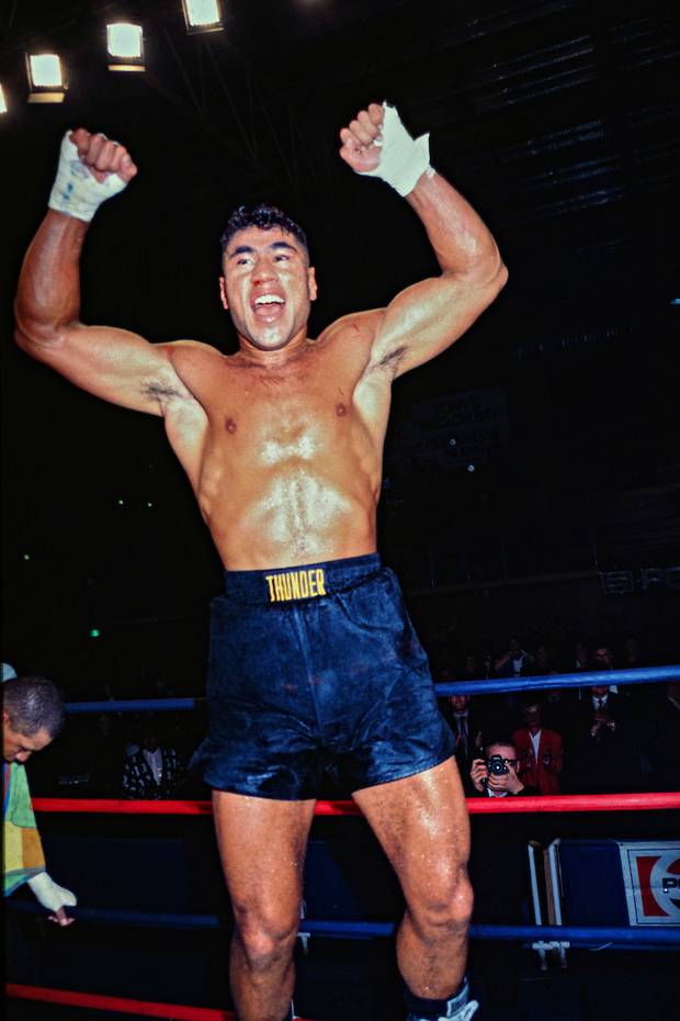 Jimmy Thunder celebrates a victory in Auckland, 1992. Photo / Photosport