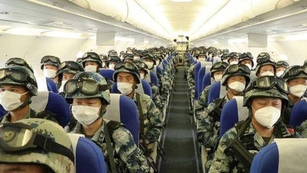 Chinese state media has shown images of a civilian plane full of troops as part of a drill that coincided with an ongoing border conflict with India. Photo / Weibo, CCTV