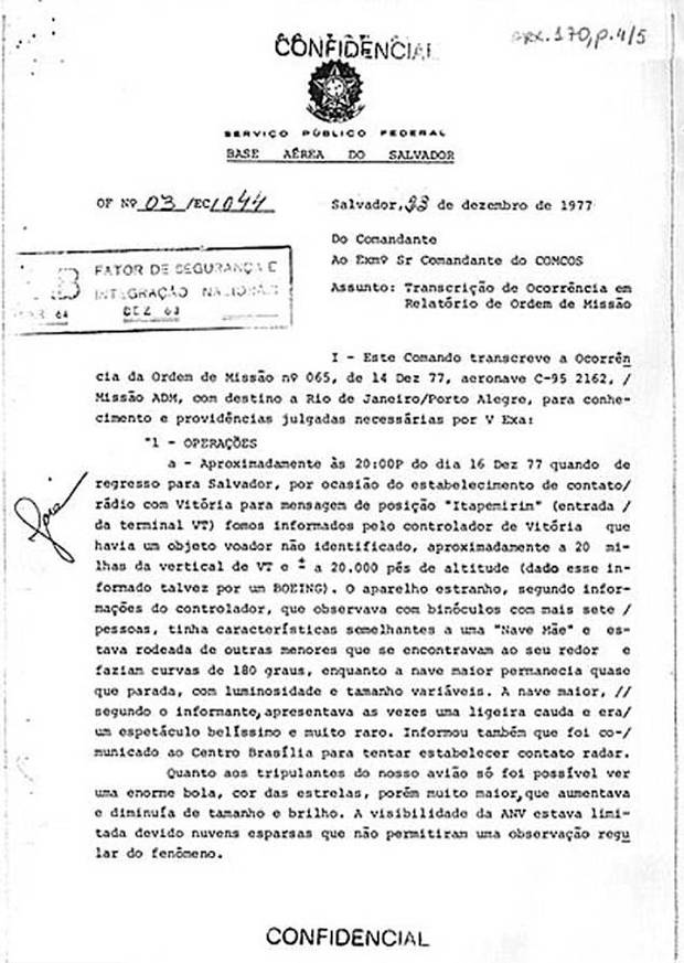 Một tài liệu đã được giải mật hóa mô tả việc nhìn thấy một UFO vào tháng 12 năm 1977, ở Bahia, một bang ở miền bắc Brazil.  Hình ảnh / Arquivo Nacional