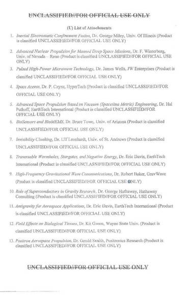 Una pagina del rapporto DIA declassificato che elenca i progetti di ricerca "denaro nero" in argomenti stravaganti. 