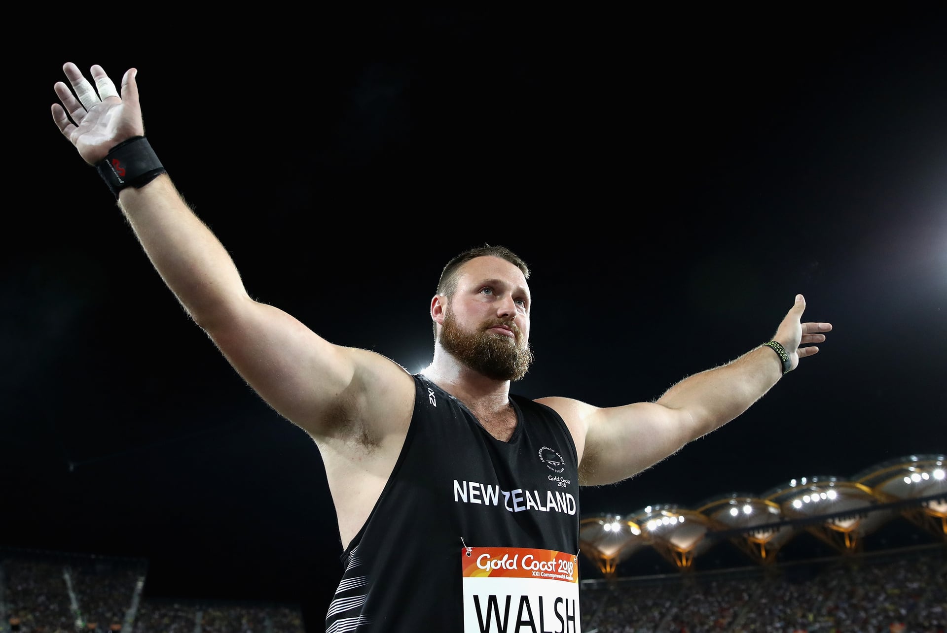 Walsh celebrates winning shot put gold in 2018. Photo / Getty