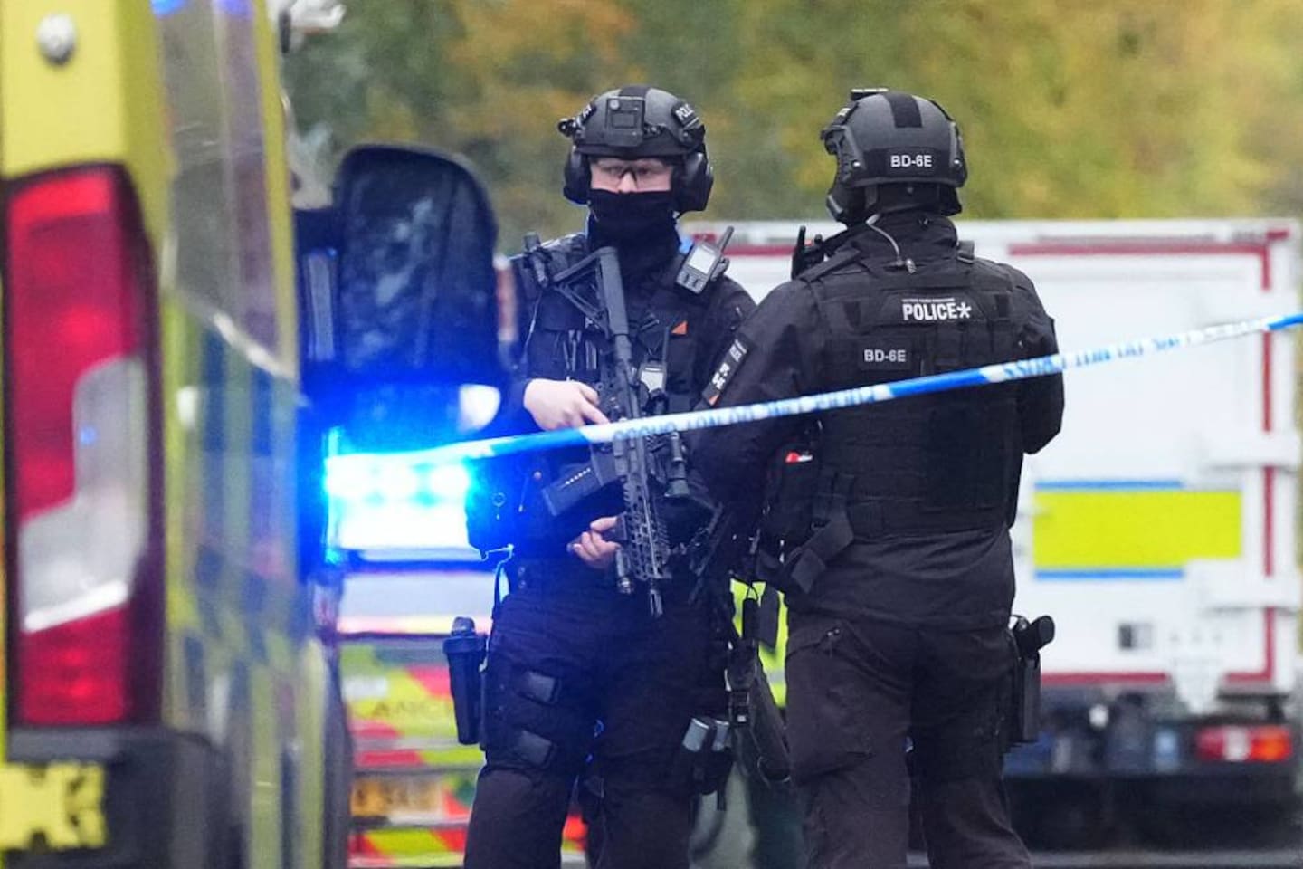 Armed Police and emergency responders gather near the Heaton Park Hebrew Congregation Synagogue after a stabbing and car attack on Yom Kippur. Photo / Getty Images
