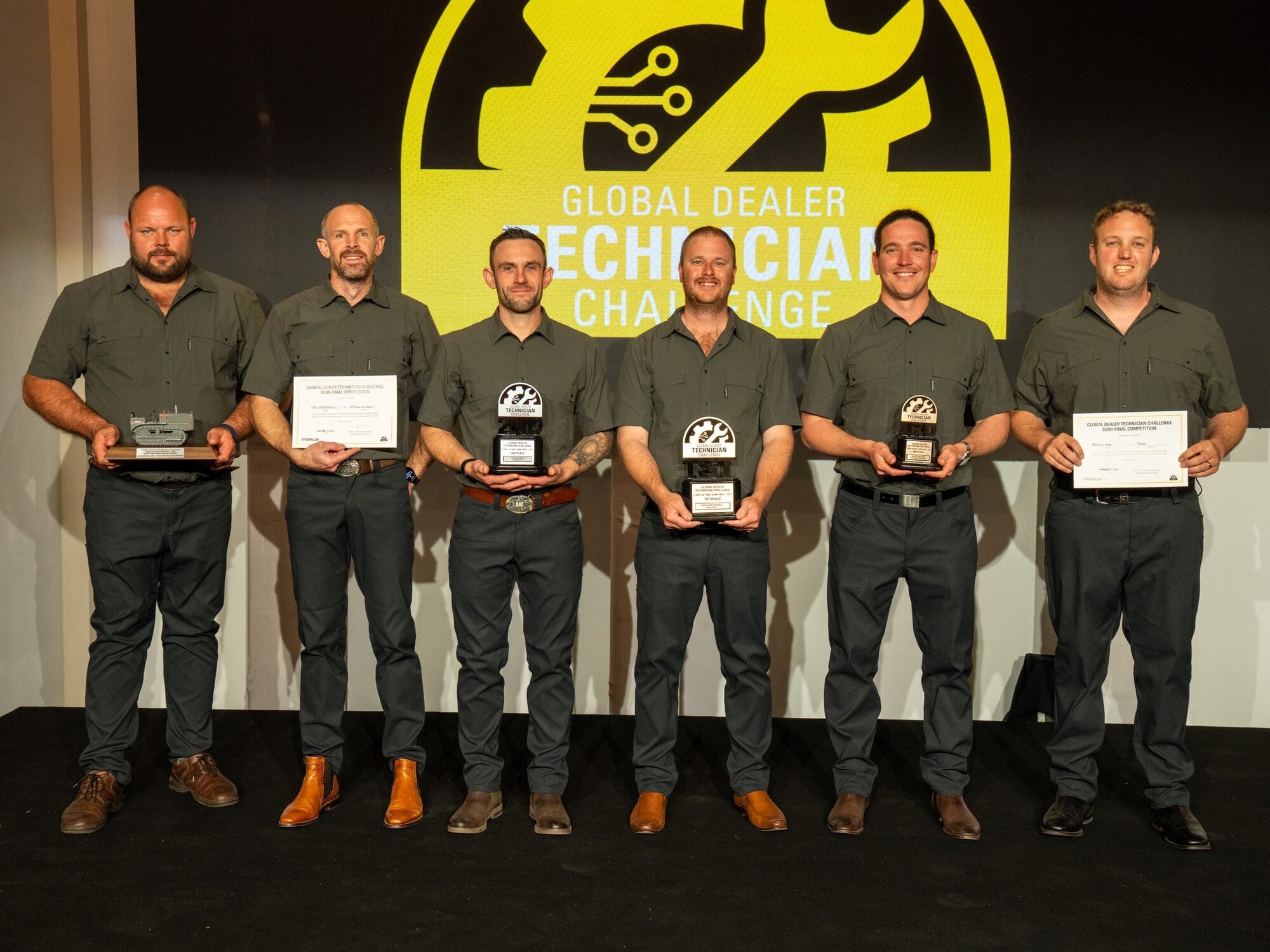 Caterpillar's Global Operator Challenge competitors in the semi-in Spain: sportsmanship award winner Jacque Taljard from South Africa, fifth-place winner Leen Waardenburg from the Netherlands, second-place winner Tom March from the UK, first-place winner Leon Archibad from Western Australia, third-place winner Rhys Bishop from Queensland and fourth-place winner Brenton Page from Tauranga. Photo / Supplied