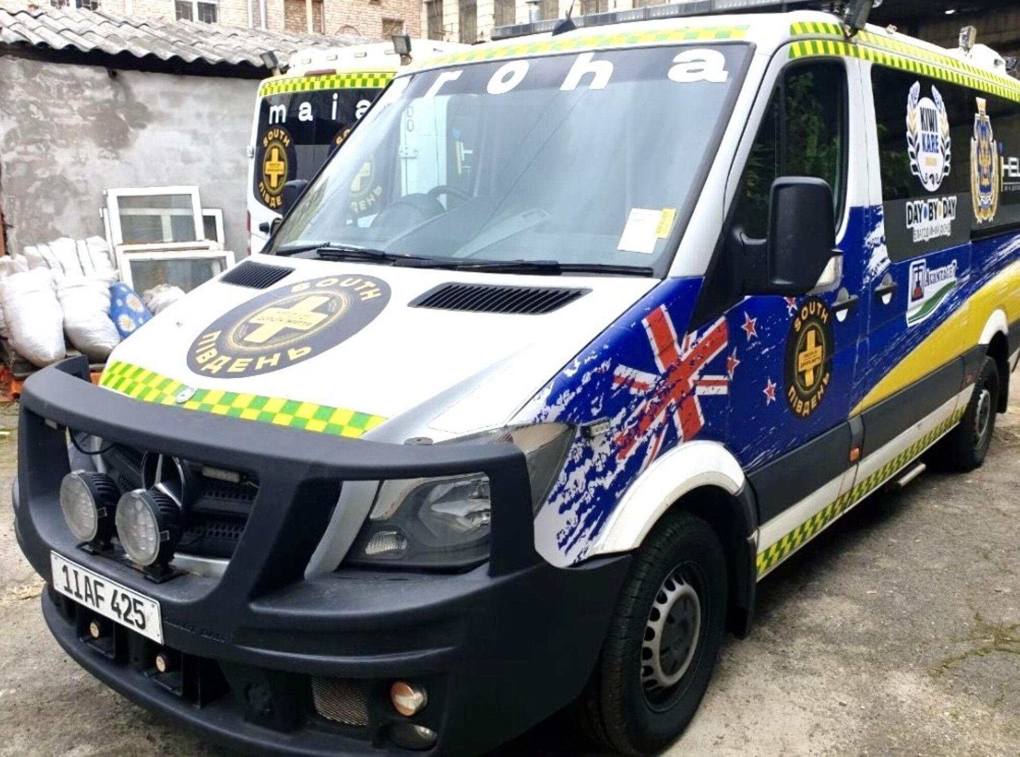  Two of the 35 Kiwi K.A.R.E ambulances, Aroha and Maia, operating in red zone areas in Ukraine.