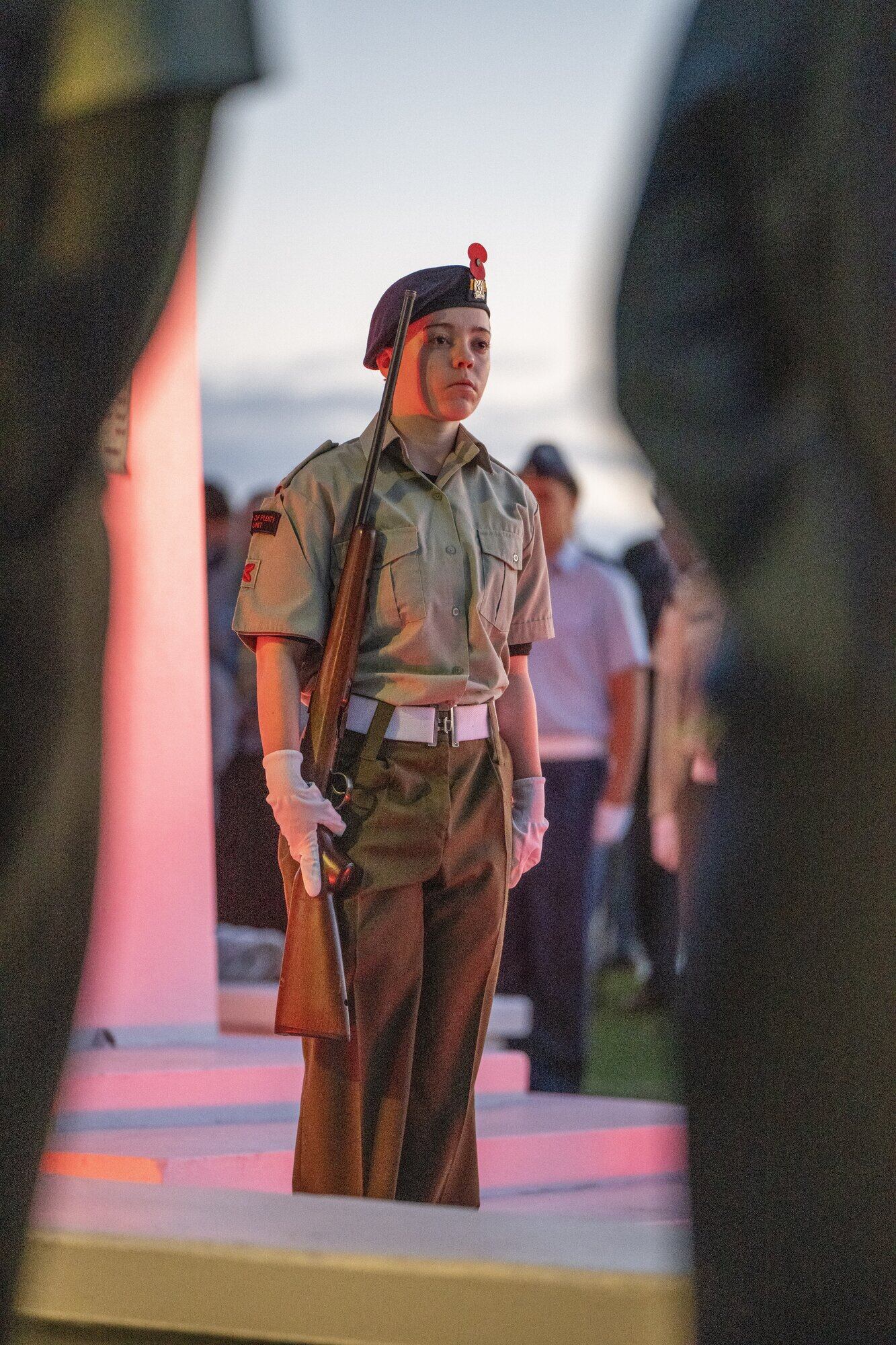 A Western Bay cadet acts as a sentinel guard at the cenotaph. Photo / David Hall