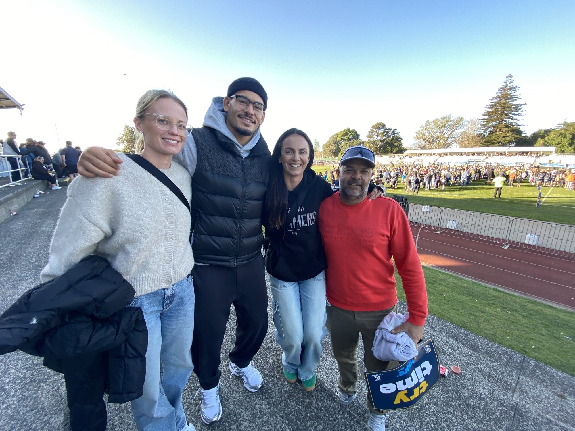 Emily Tupa'i (from left), Connor Tupa'i, Jordyn Judd and Jared Pender were among the crowd at the Bay of Plenty-Tasman game. Photo / Rosalie Liddle Crawford