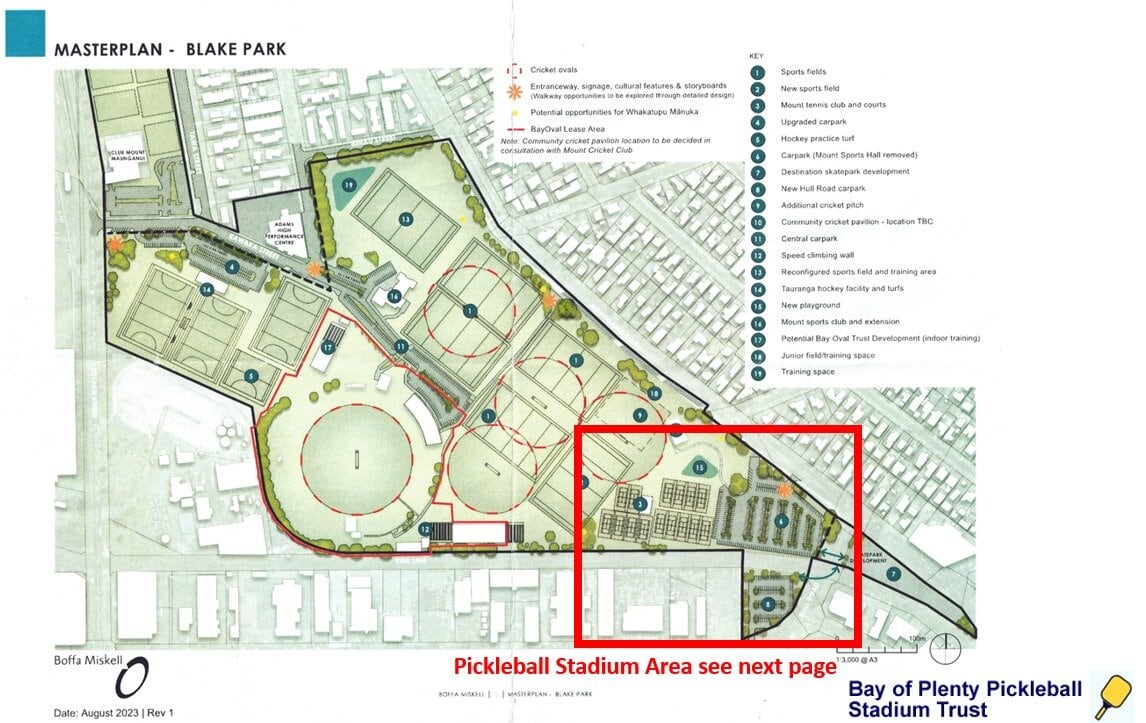  Bay of Plenty Pickleball Stadium Trust's proposed arrangement within the Tauranga City Council's master plan for Blake Park. Photo / Supplied