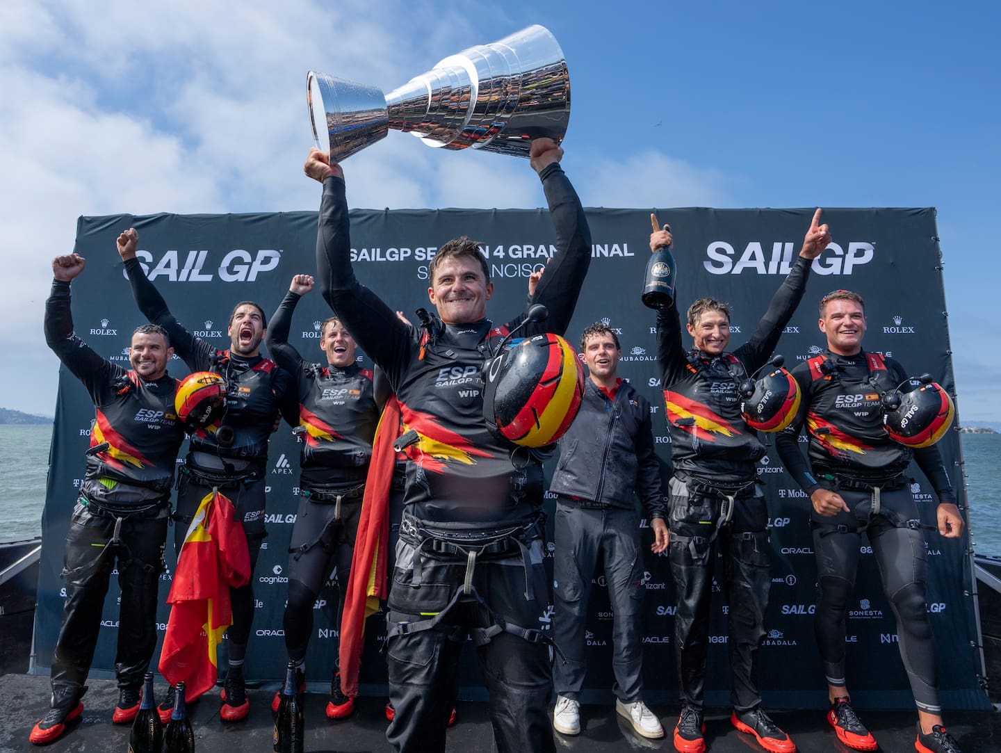 Stewart Dodson (third from left) won the SailGP season four championship with Spain. Photo / Adam Warner, SailGP