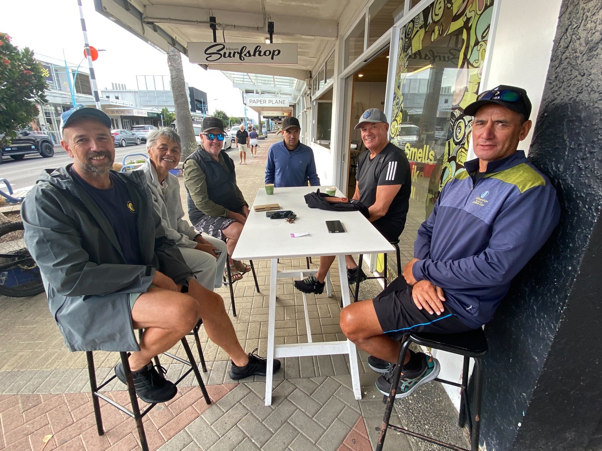 Sean’s Mob’ meeting for coffee at the Mount Surfshop on Monday morning. Photo / Rosalie Liddle Crawford