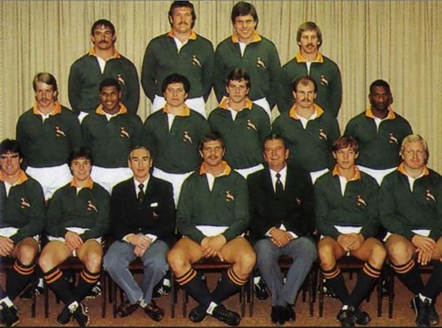 Utility back Errol Tobias (middle row, right) was the only non-white player in the Springboks squad that toured New Zealand in 1981. Photo / Supplied