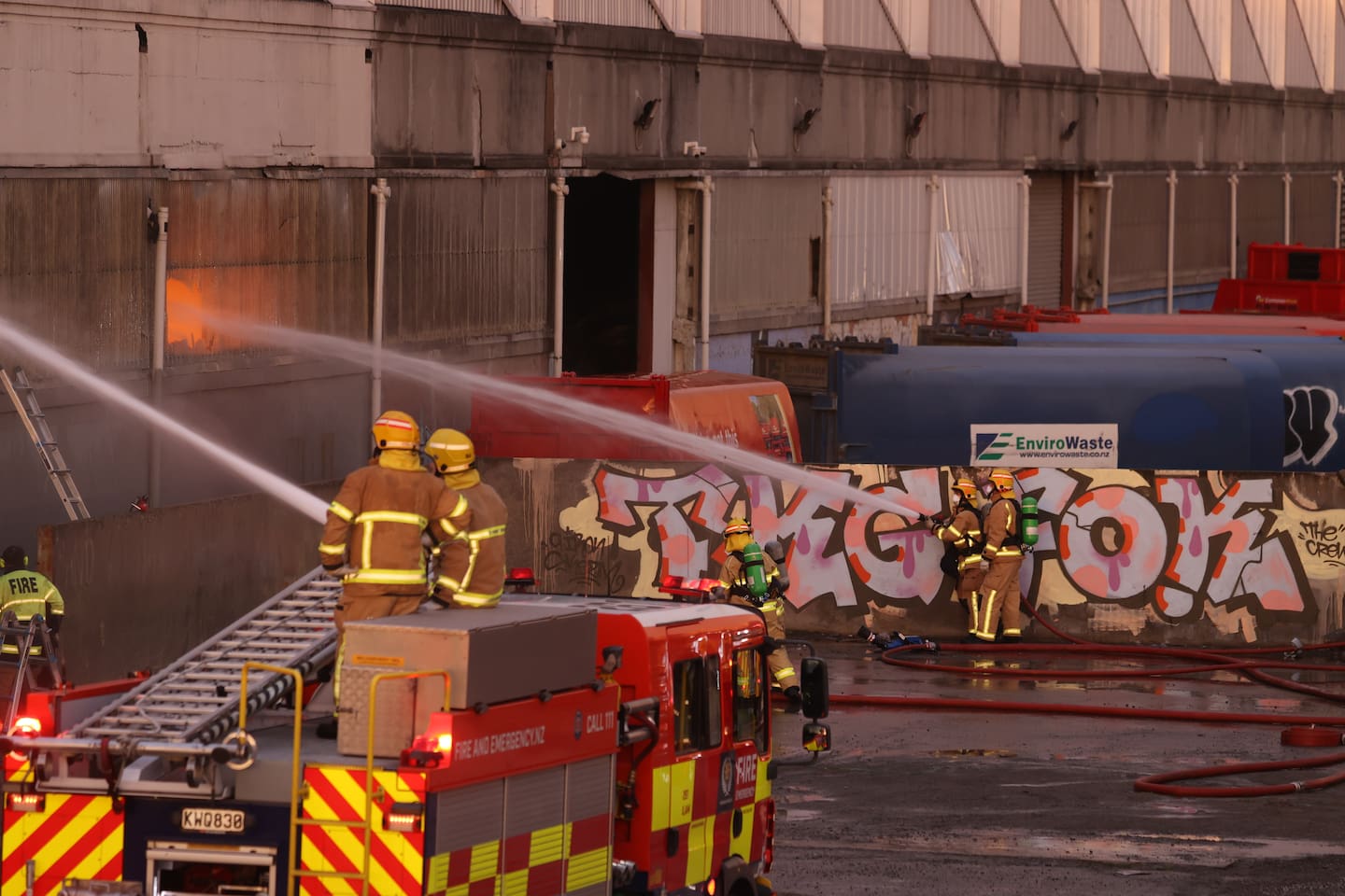 Fire and Emergency crews were called to a large fire at Auto Inspection Services in Christchurch around 4.25am on Thursday. Photo / George Heard