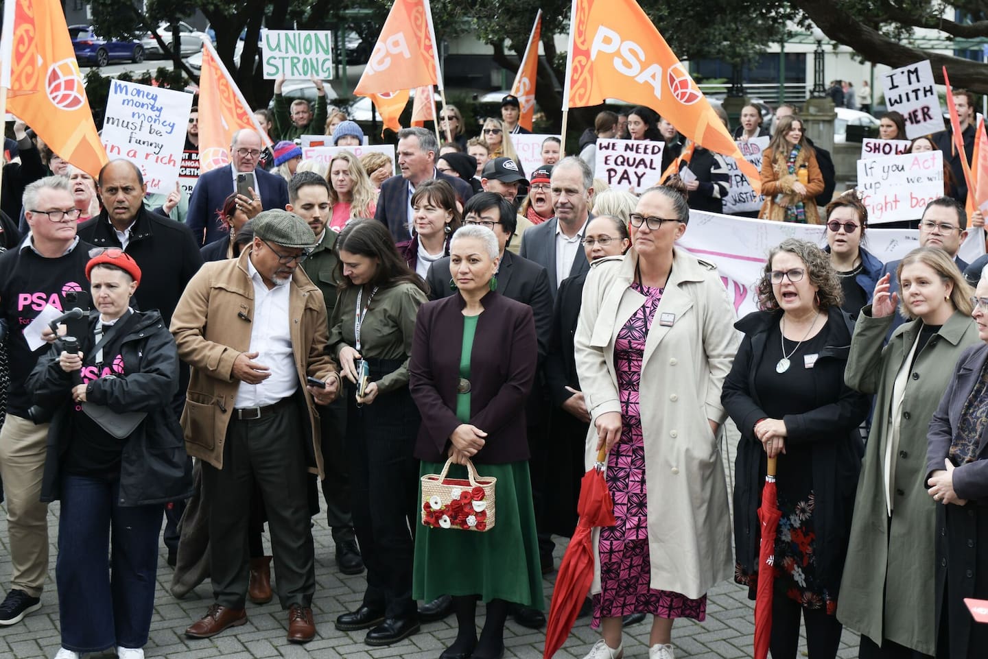 Mps, including Labour's Carmel Sepuloni, join a protest at Parliament prompted by the Government's pay equity reforms. Photo / Marty Melville
