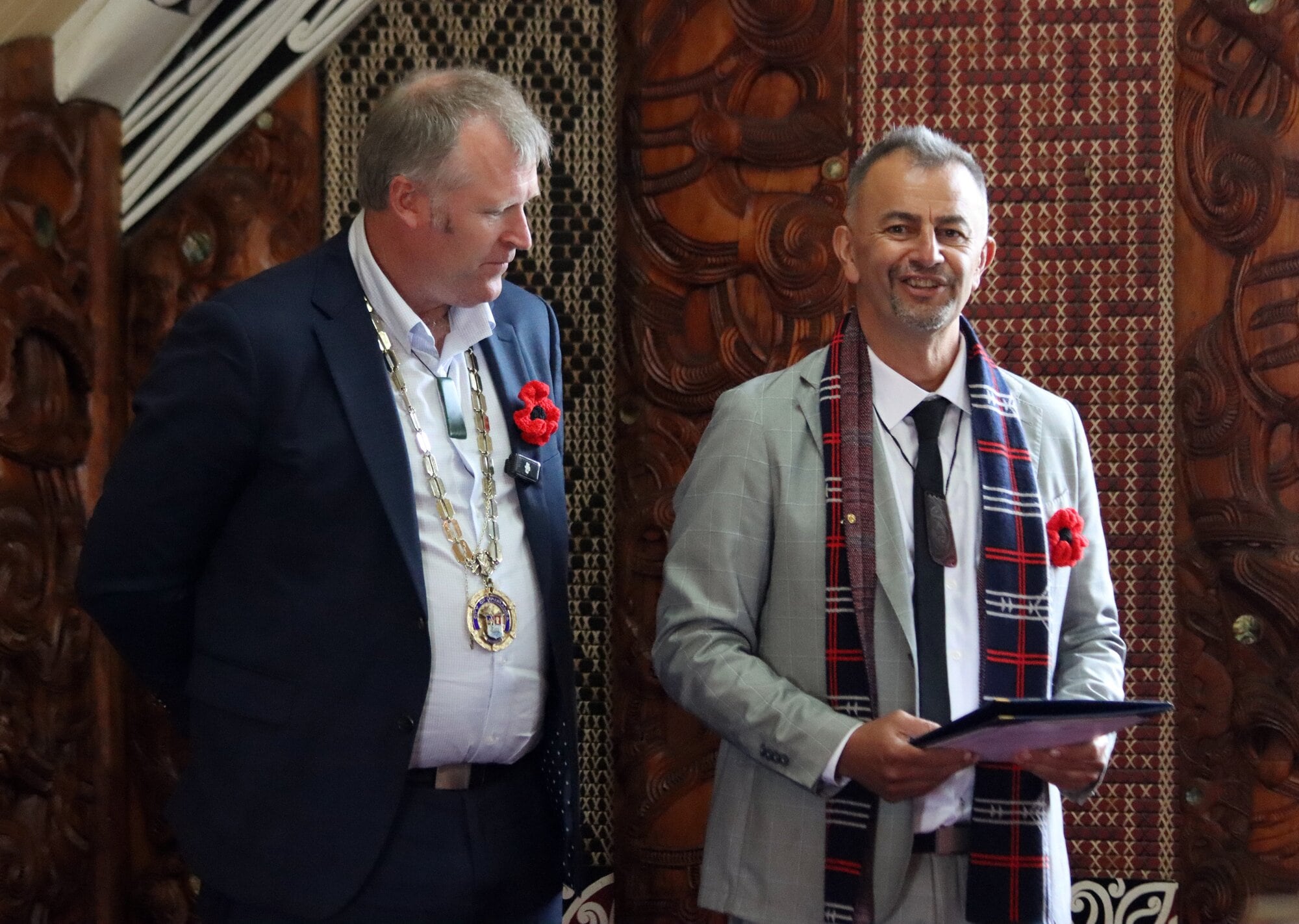 Mayor Mahé Drysdale and Hemi Rolleston as Rolleston read his councillor's oath. Photo / Alisha Evans