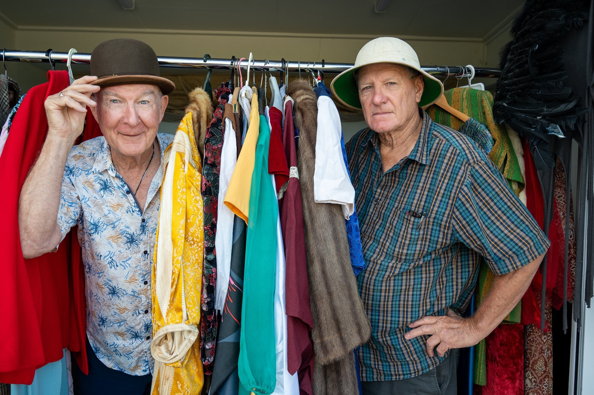 Actors Dick Brown and Gordon Cliff among the costumes for the Te Puke Simply Short Play Festival. Photo/David Hall.