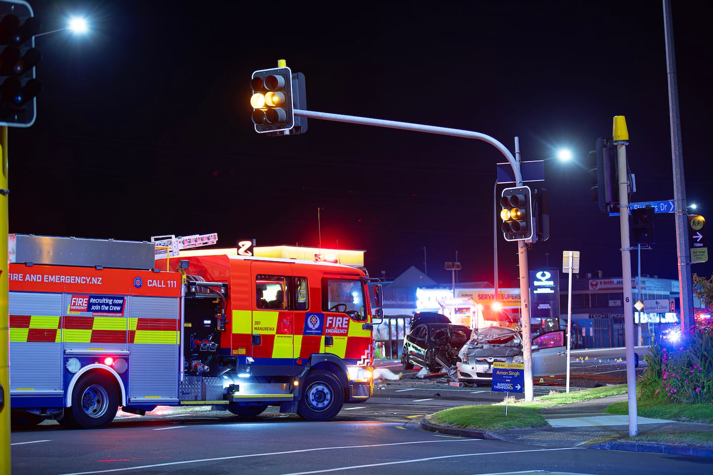 Emergency services at a crash on Great South Rd in Takanini that left two people dead at 12:25am. Photo / Hayden Woodward