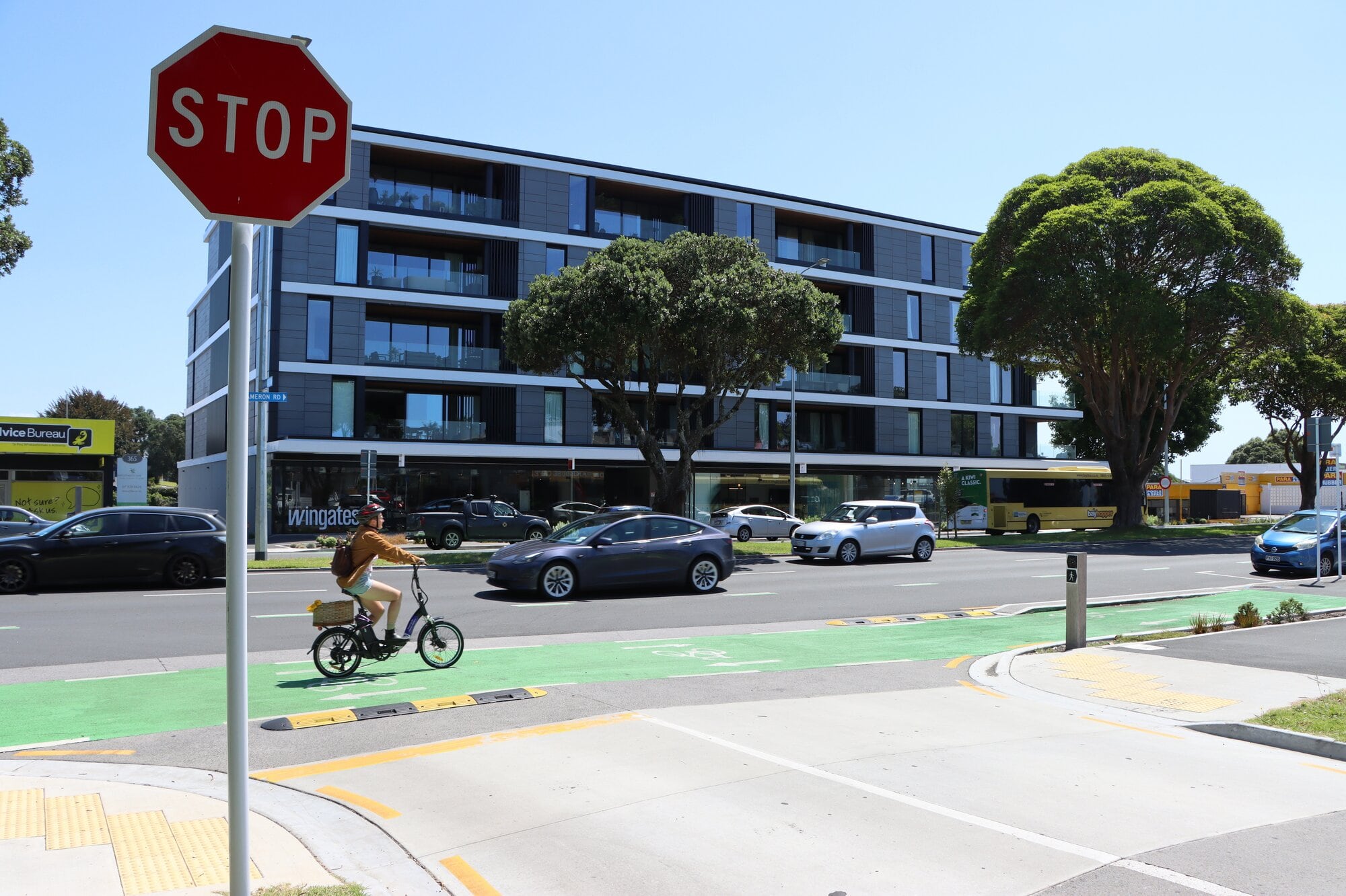 Sophia Jarlov has experienced many close calls with cars which have failed to stop at stop signs as she crosses the intersection using the cycle lane. Photo / Ayla Yeoman