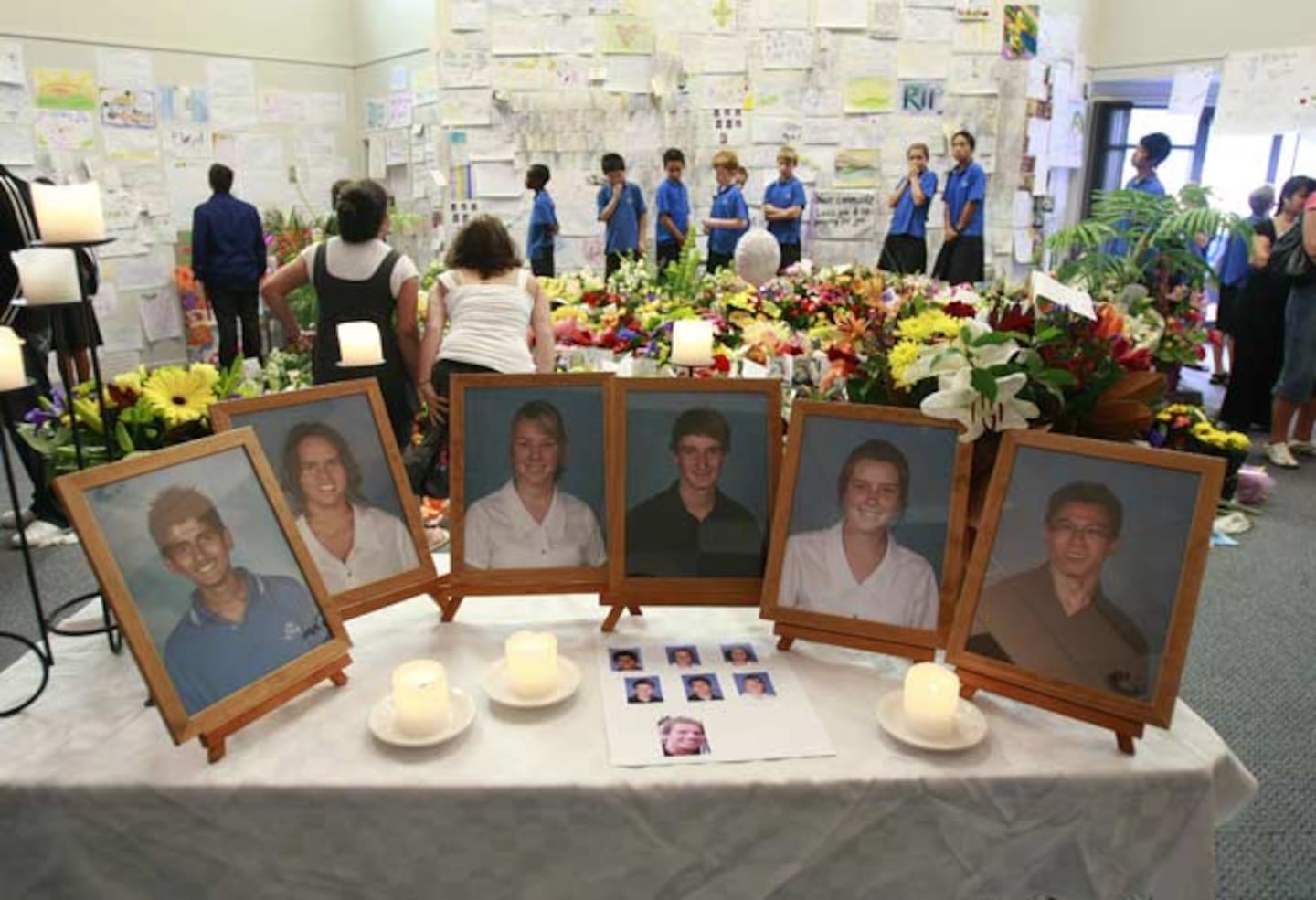 Photographs of the six Elim Christian College students killed on the Mangatepopo Stream displayed in the school chapel. Photo / Kenny Rodger