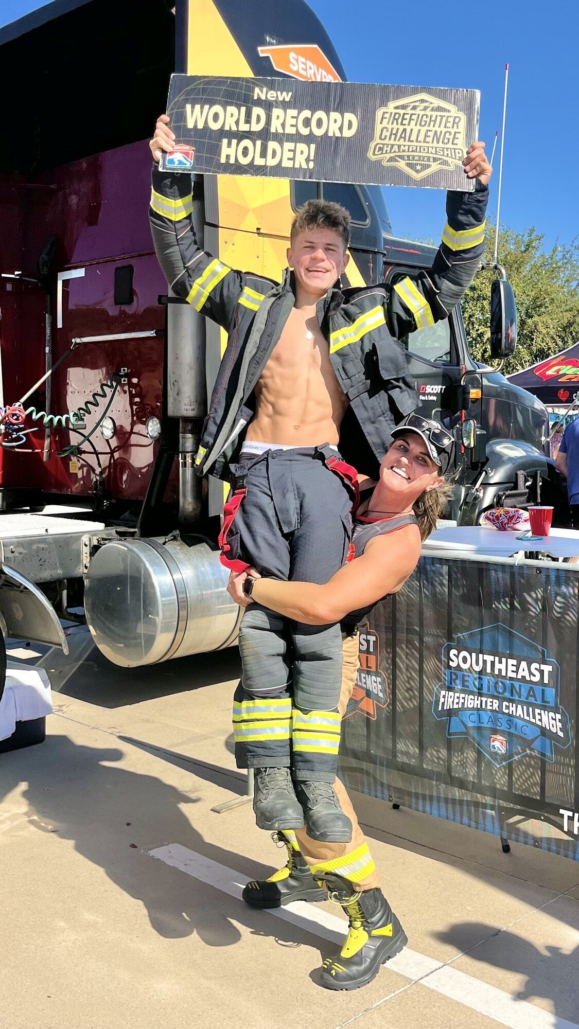  Cooper Purdie and his mother Jodi Purdie after her son’s two world record setting runs.
Photo / Jeffrey Jones