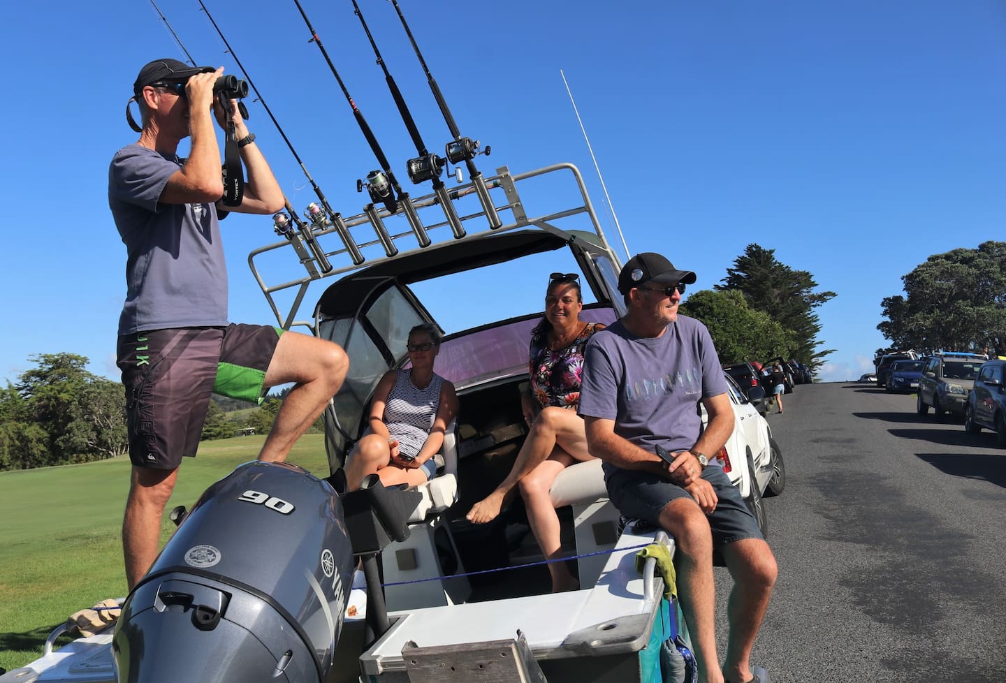 Bay of Plenty holidaymakers in Northland at Waitangi Golf Course during a tsunami evacuation in 2021. Photo / Peter De Graaf