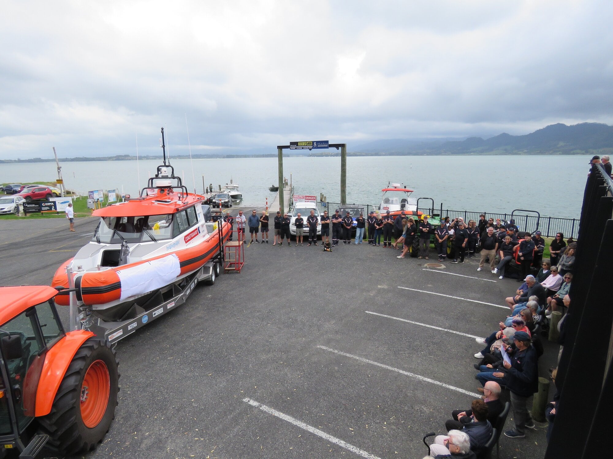 The community, fellow Coastguards crews, dignitaries and sponsors gather for the launch of Waihī Beach Coastguard’s new boat. Photo / Merle Cave
