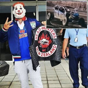 Social media posts of luxury Mercedes-Benz on Auckland beach with ‘clown mask’ driver leads to arrest of Head Hunter. The patched member of the Head Hunters gang often posts content online of a clown character interacting with police, but denies wearing the mask while driving on Muriwai Beach in April 2024. Photo / Instagram
Photo / NZ Police. Source: NZ Herald.