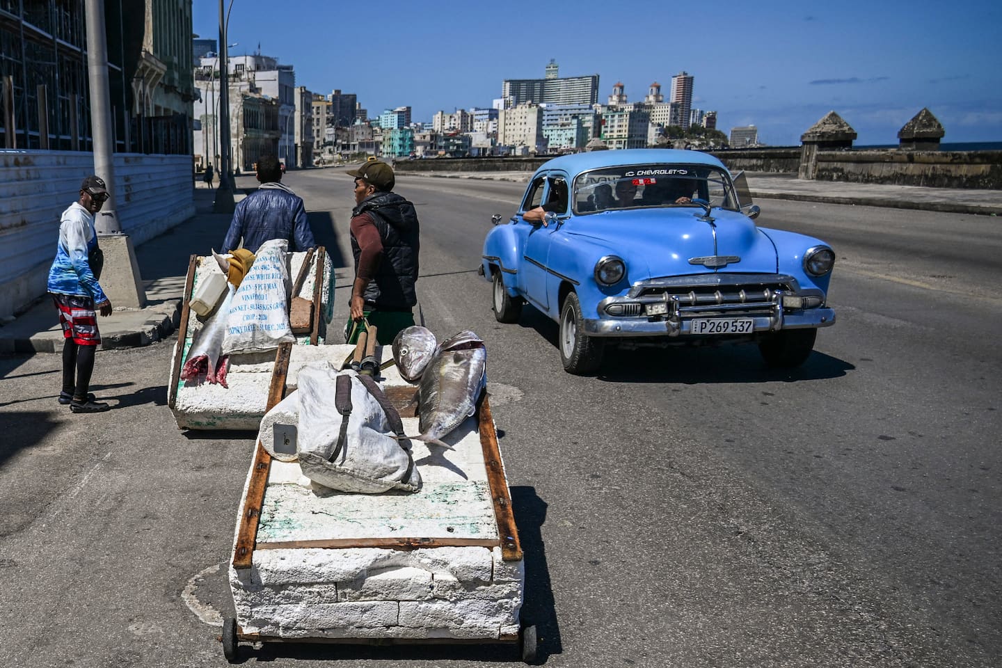 Fishermen return from fishing on a makeshift raft in Havana during a national blackout. Cuban authorities scrambled to restore power to the island after the second nationwide blackout in less than a week. Photo / Yamil Lage, AFP