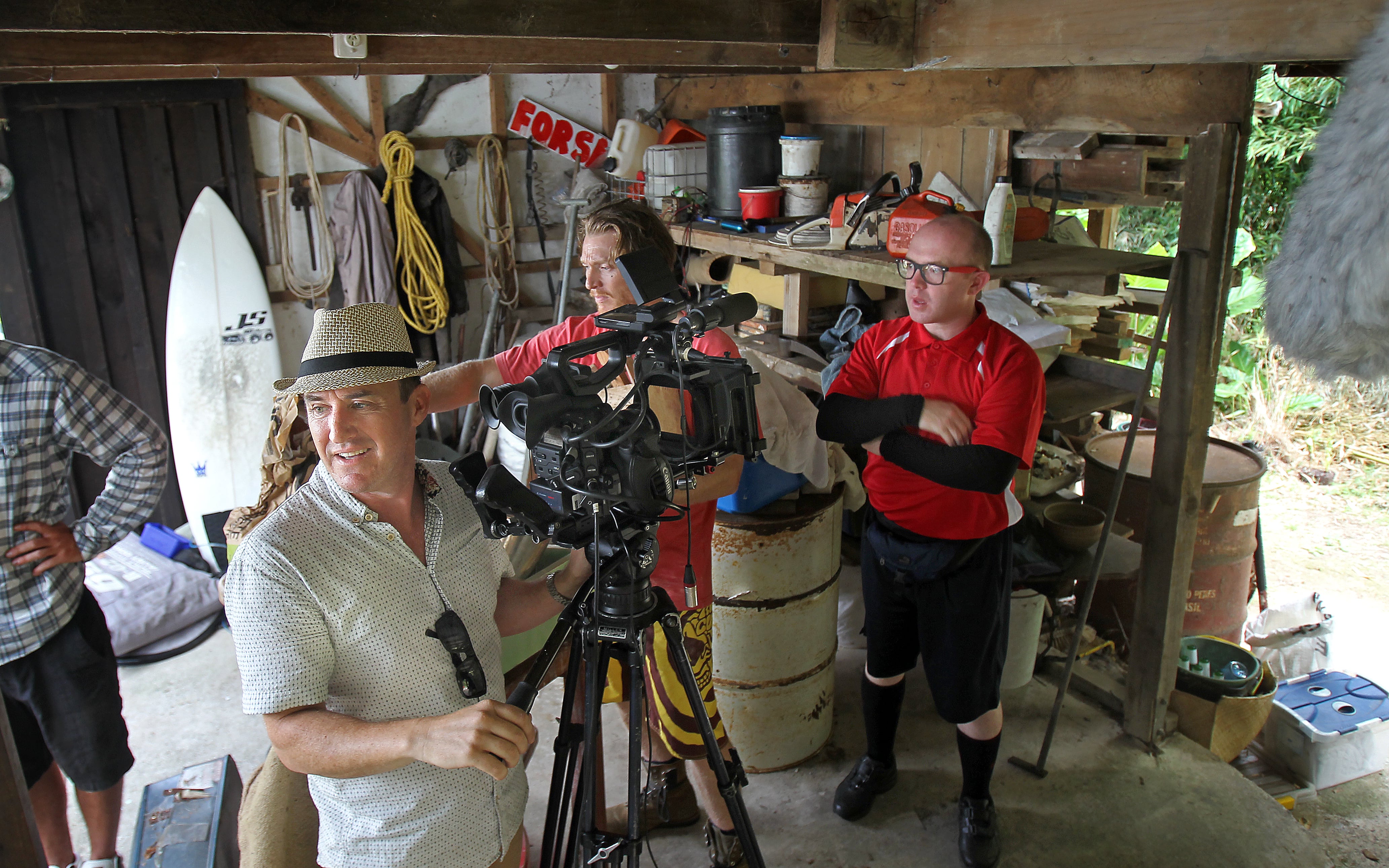 Z Nail director of photography Chris Matthews and actors Erroll Shand (left) and Paul Ballard in a rare moment of relaxation during the first day of filming in Maketu of 'The Z-Nail Gang' back in 2014.  