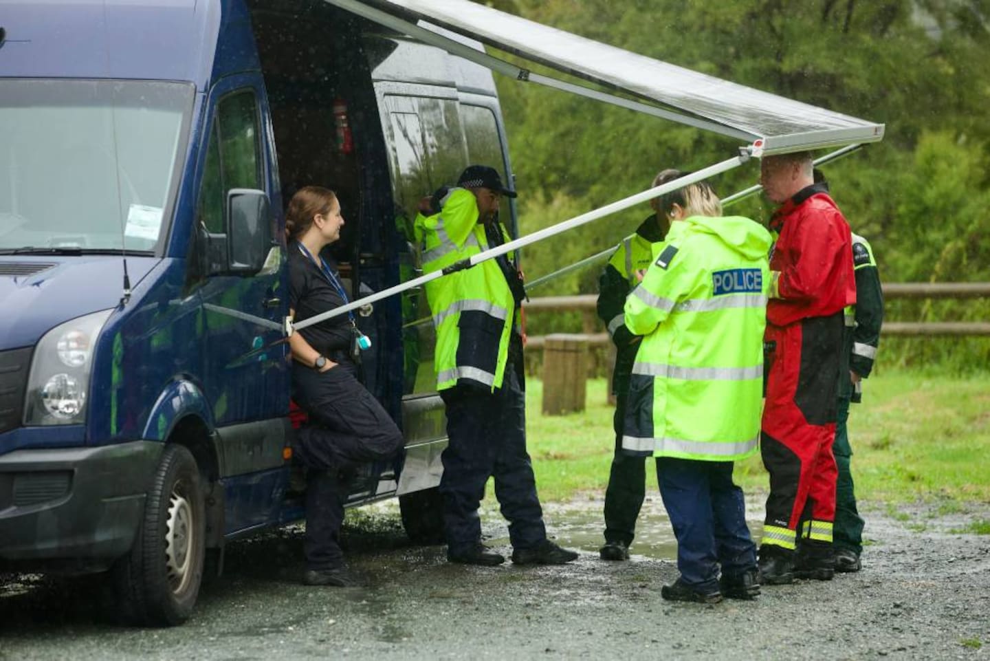 Emergency services at the Wairere Scenic Reserve in Warkworth during a search for a man and his vehicle washed away at a river crossing on Falls Rd on Wednesday morning. Photo / Jason Dorday