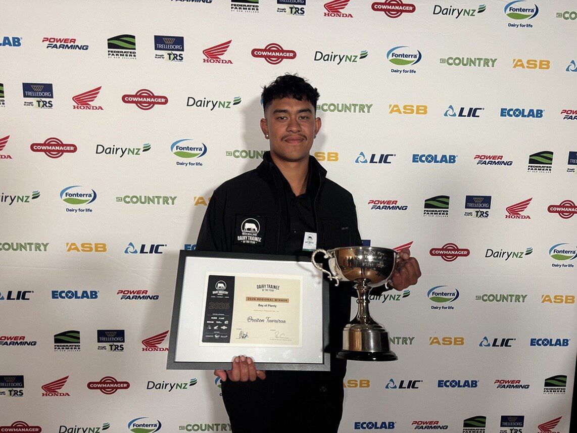 Winner of the 2026 Bay of Plenty Dairy Trainee award, Breiton Tuwairua.