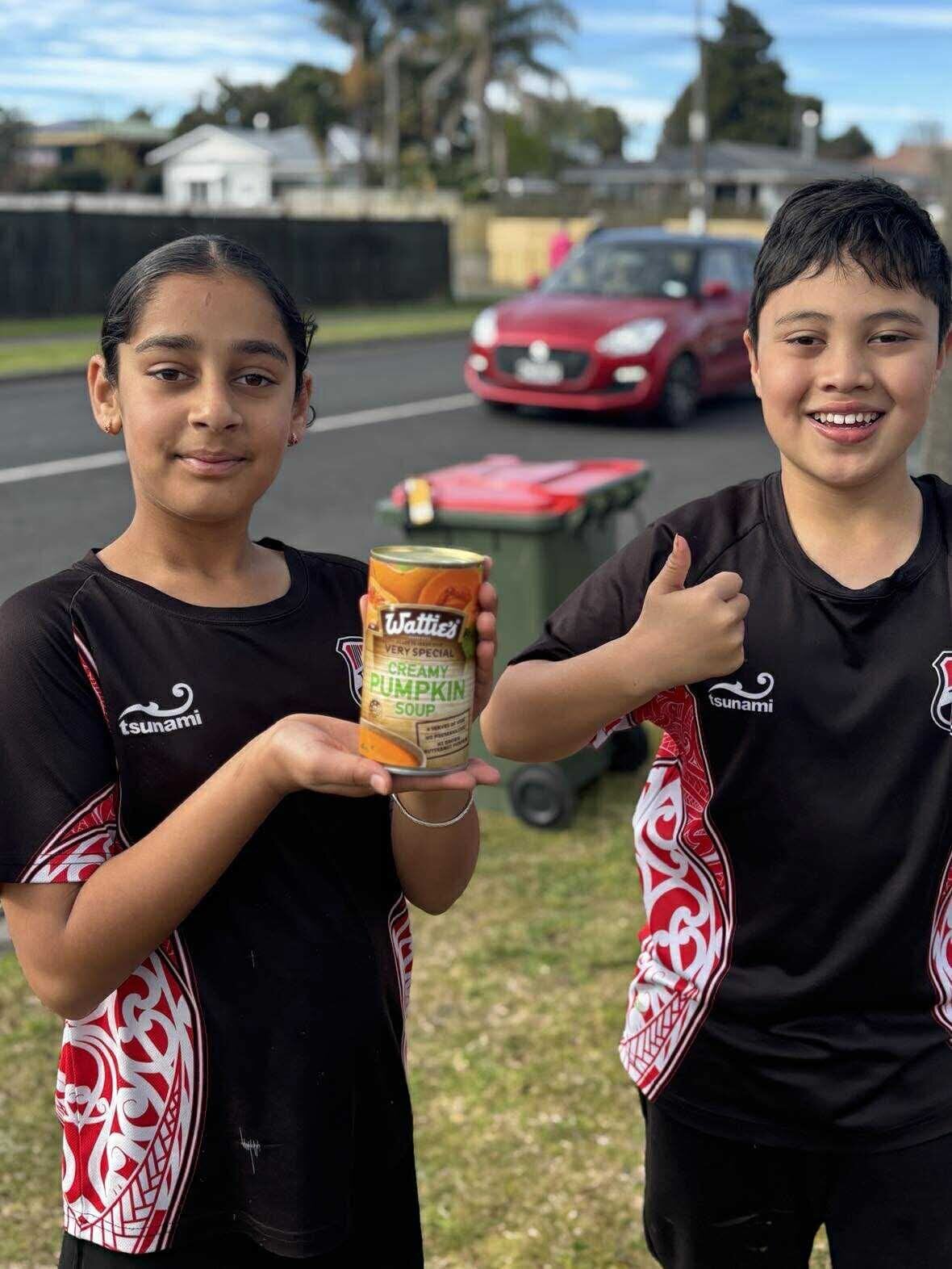  Success for Ashriya and Noah at the can drive. Photo / Supplied