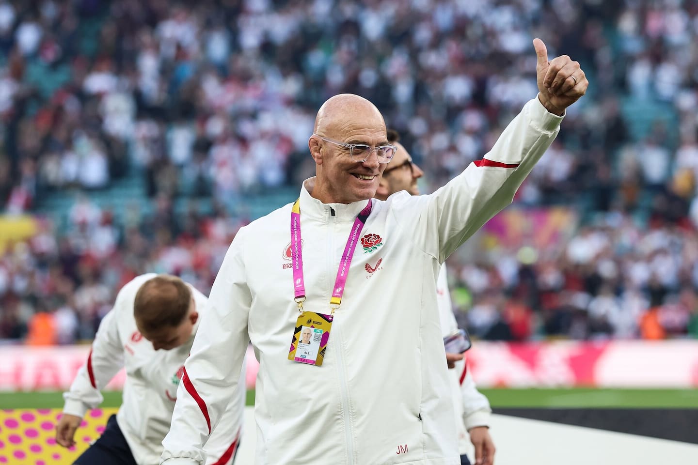 England's Head Coach John Mitchell celebrates after the 2025 Women's Rugby World Cup final. Photo / Photosport