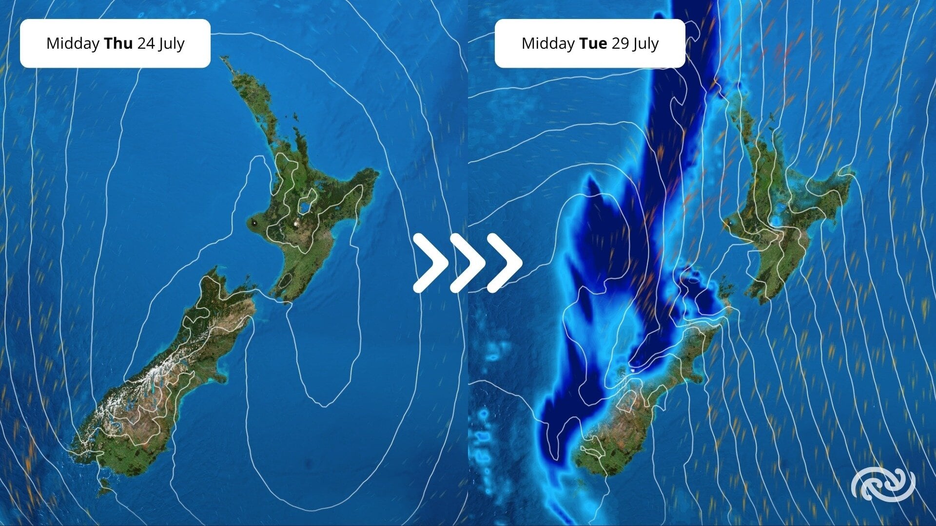 The MetService is forecasting rain to move across the country on Tuesday, July 29. Image / MetService