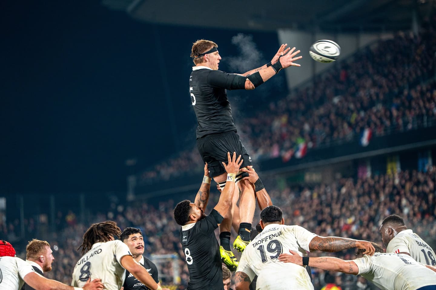 Fabian Holland takes lineout ball against France, in Hamilton. Photo / Alyse Wright