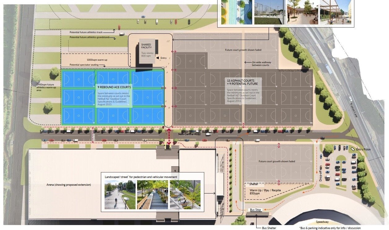 An overview of the court layout at the netball multisport centre at Baypark Tauranga. Image / Tauranga City Council