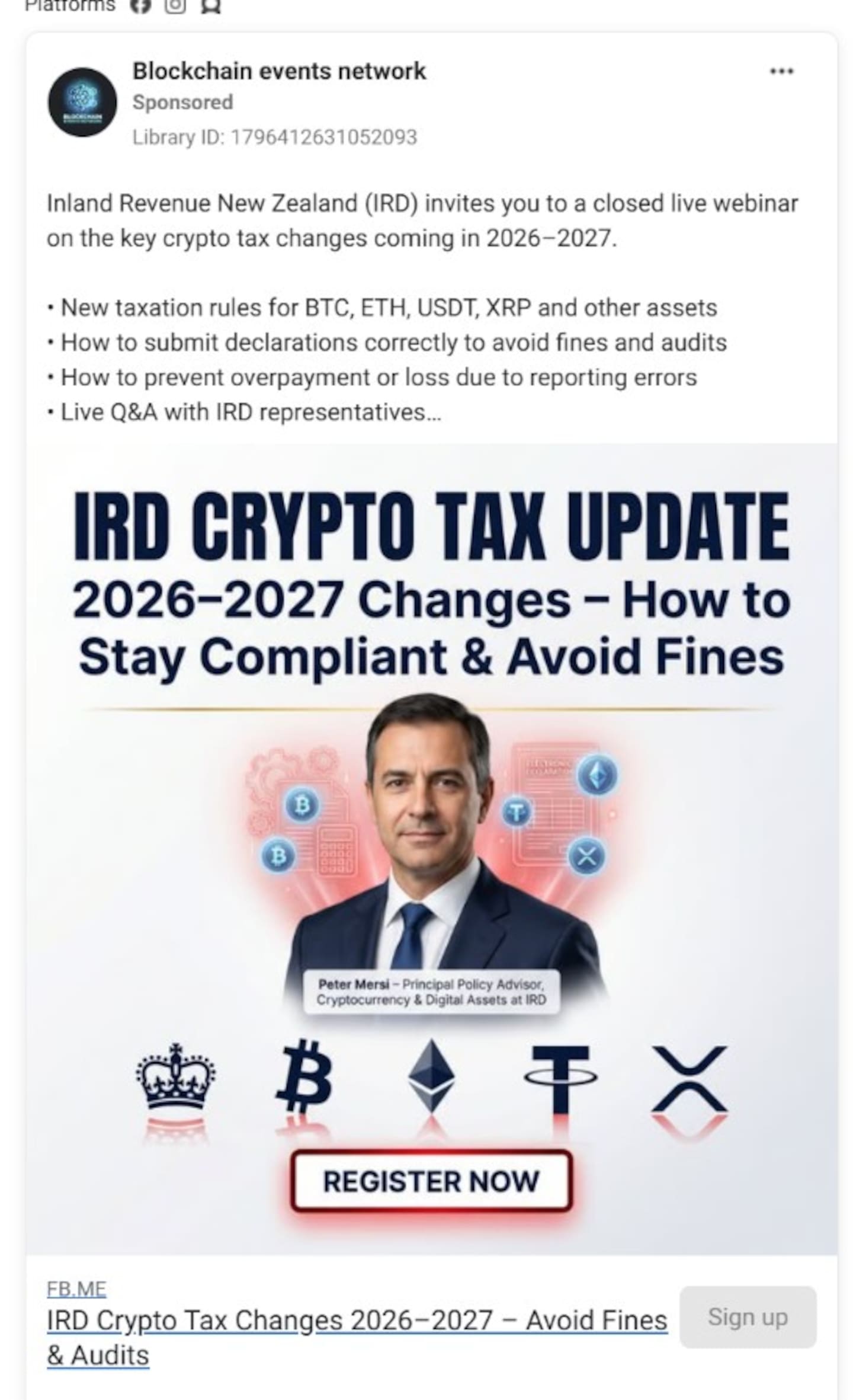 A social media scam using an image of a man said to be Inland Revenue commissioner Peter Mersi.