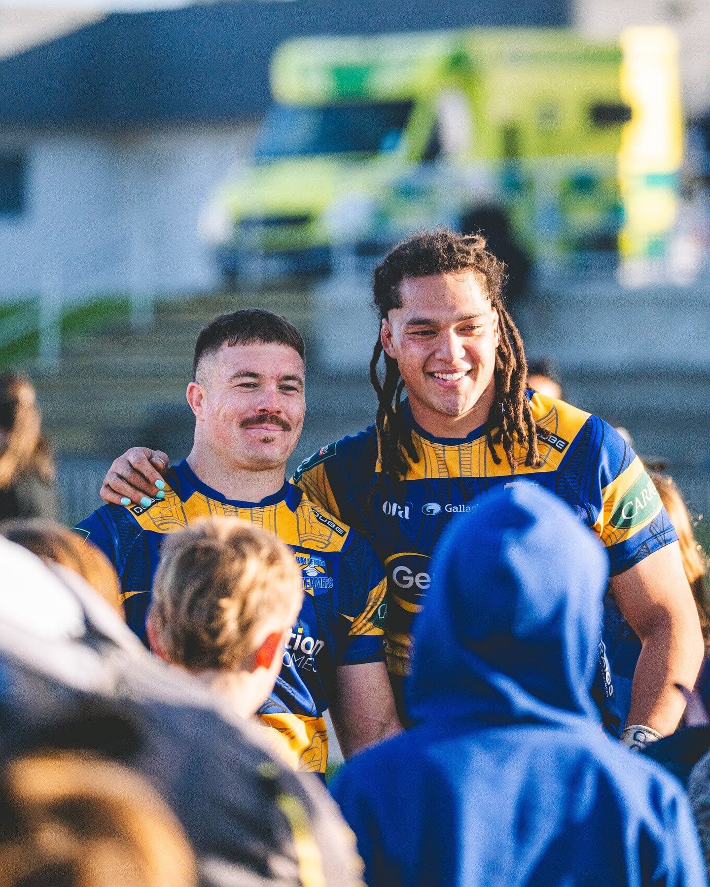Bay of Plenty Steamers captain Kurt Ekland and Naitoa Ah Kuoi meeting fans and supporters after the game. Photo / Bay of Plenty Rugby