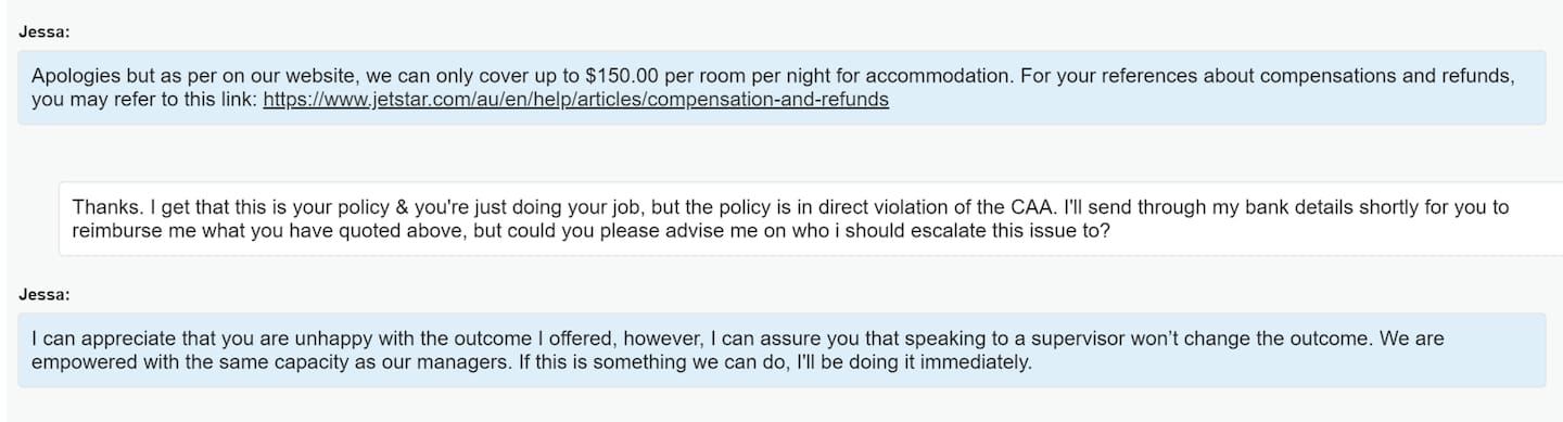 Screenshots of a conversation between a passenger and Jetstar from August 3, 2022. Photo / Supplied