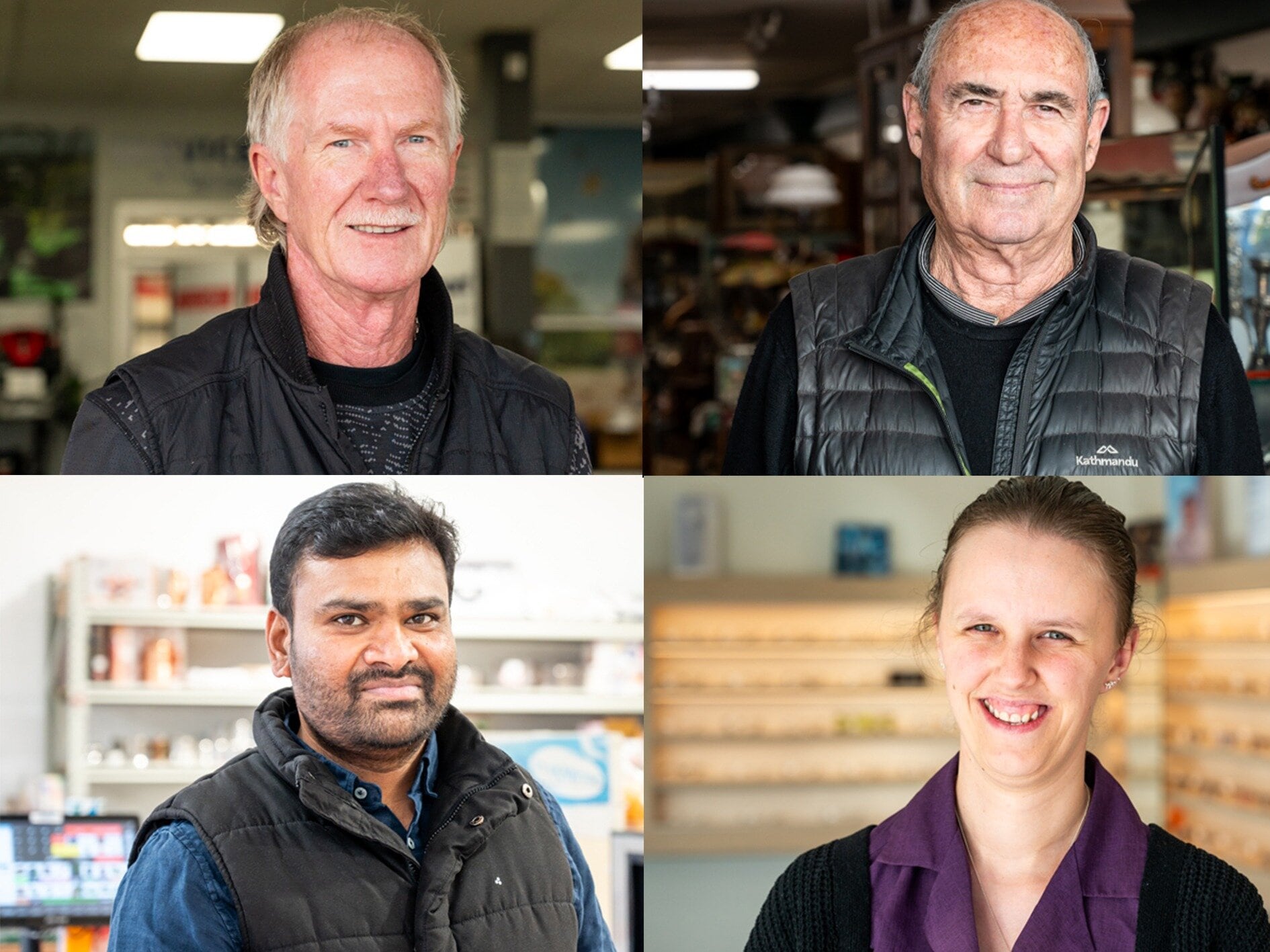 Clockwise from top left: Naismith & Jones owner Derek Payne, Antiques & Collectables owner Bill Secole, Tauranga Eyecare by Langford Callard optical assistant Jessica Govan, and Yogijis Food Mart owner/operator Mahipal Kalen. Photos / Brydie Thompson