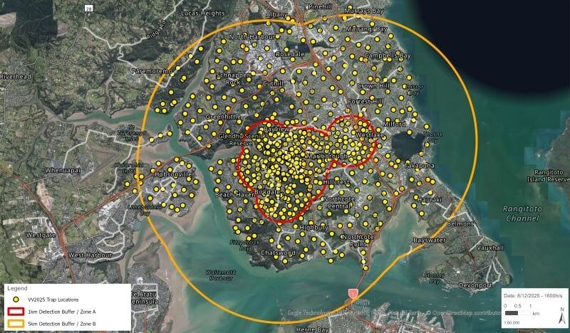 Trap locations as at December 9, 2025 (yellow dots). All queen yellow-legged hornets have been found in Zone A (red circle) – a 1km buffer around detections. Photo / MPI