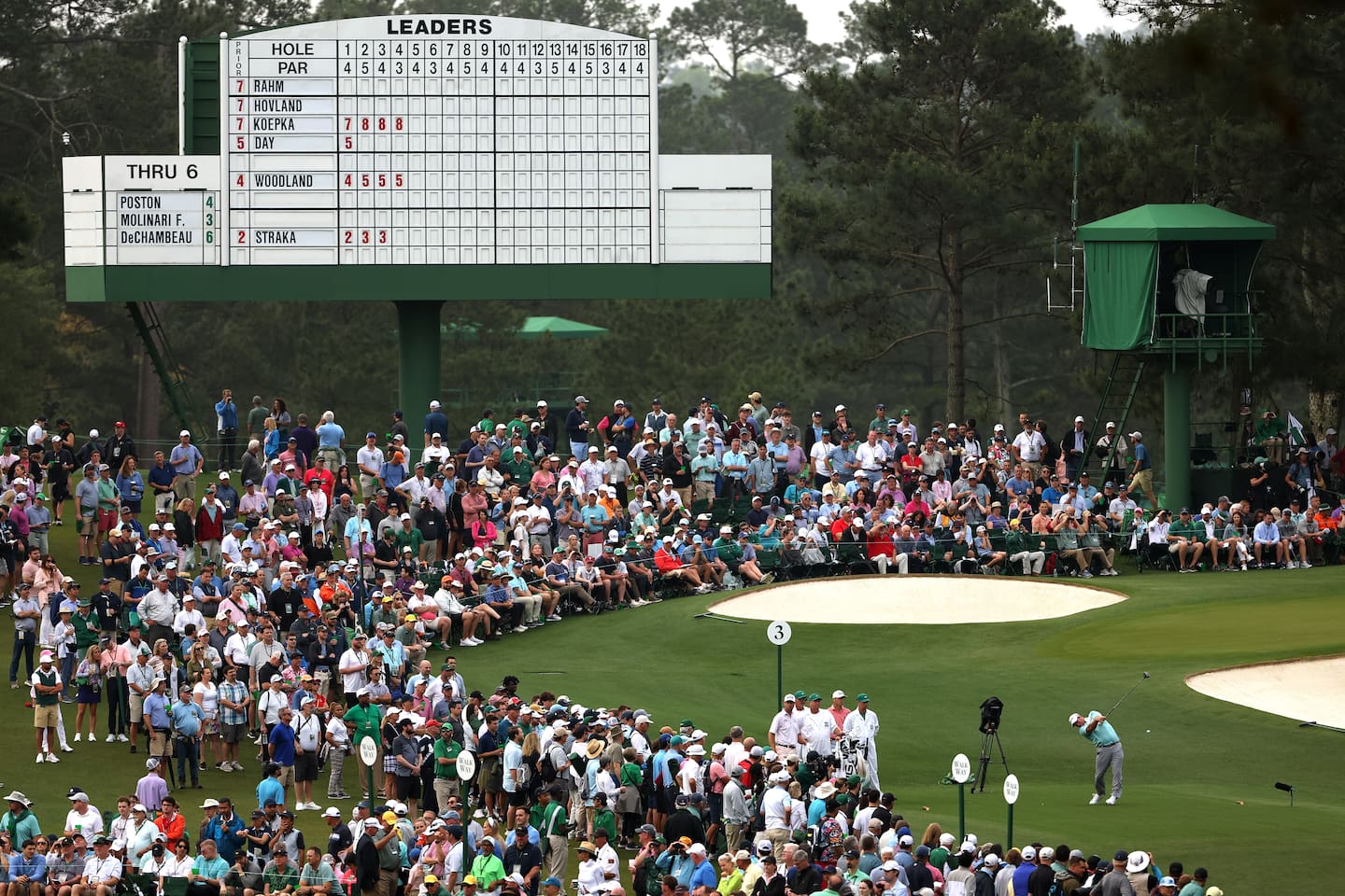 Fox tees off with the iconic Augusta National leaderboard in the background. Photo / Getty Images